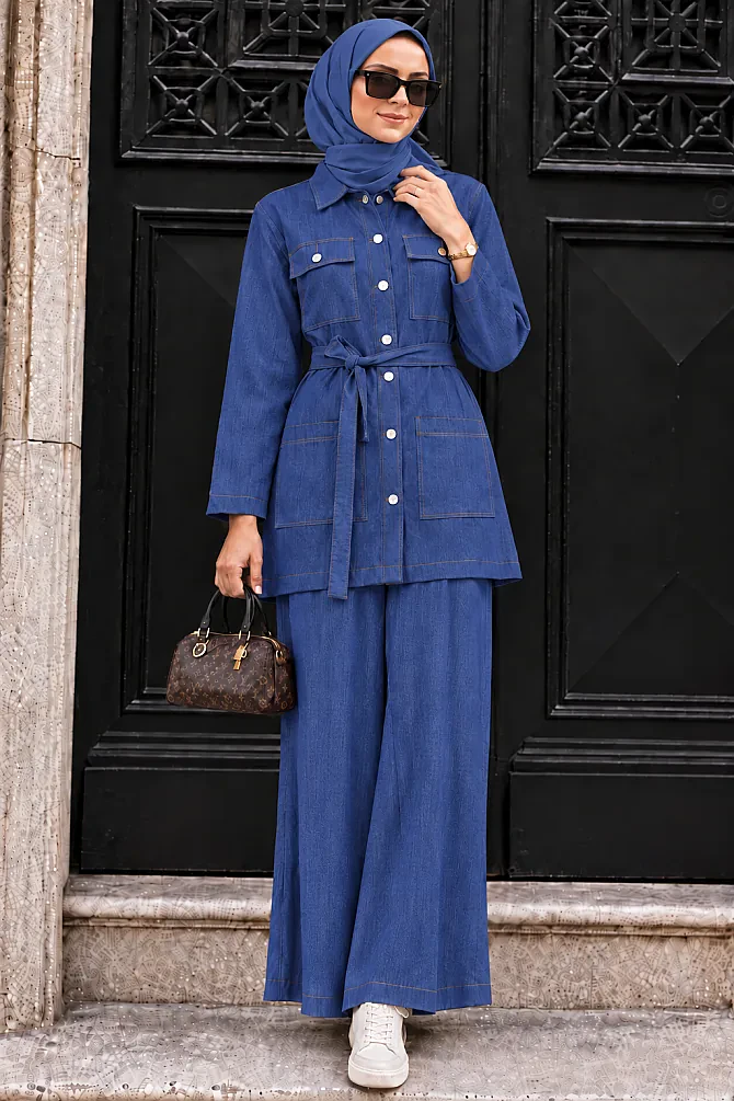 Buttoned Dark Navy Blue Modest Two-Piece Set 62961KL - 1