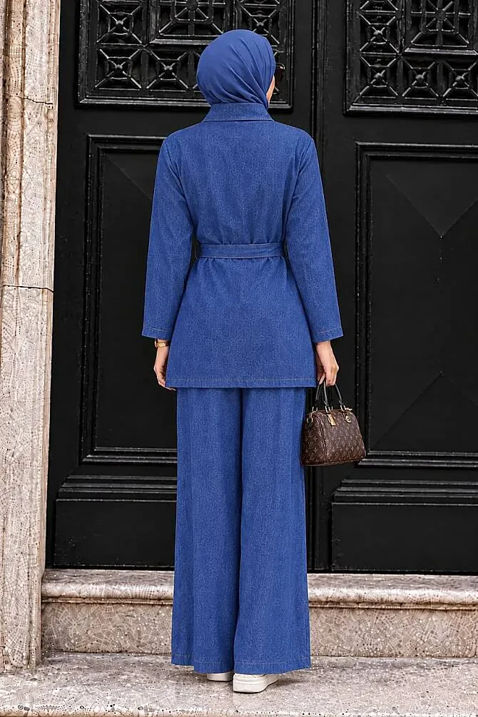 Buttoned Dark Navy Blue Modest Two-Piece Set 62961KL - 2