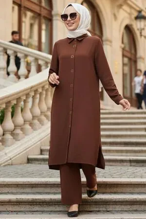 Buttoned Dark Tan Modest Two-Piece Set 12791KTB 