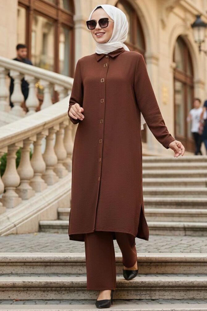 Buttoned Dark Tan Modest Two-Piece Set 12791KTB - 1