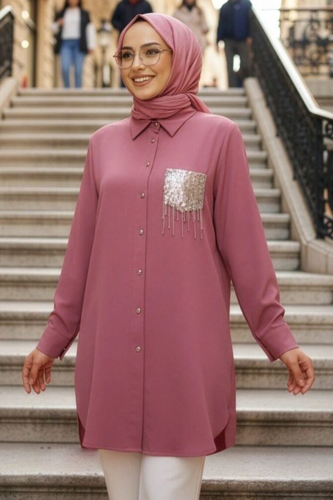 Buttoned Dusty Rose Modest Shirt 50055GK - 1
