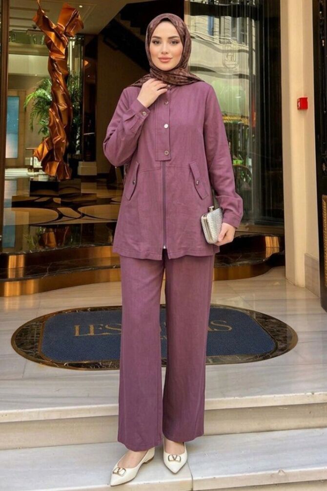 Buttoned Flap-Pocket Dark Dusty Rose Modest Set 1369KGK - 1