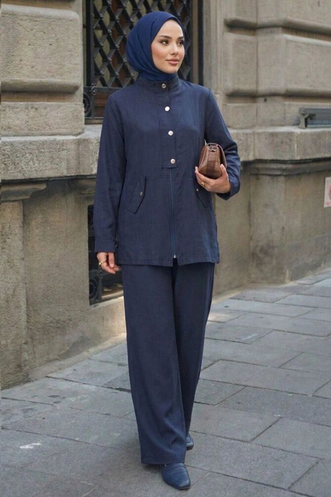 Buttoned Flap-Pocket Navy Modest Set 1369L - 1