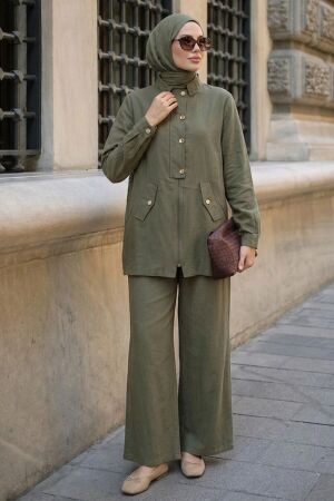 Buttoned Flap-Pocket Sage Green Modest Set 1369CY - 1