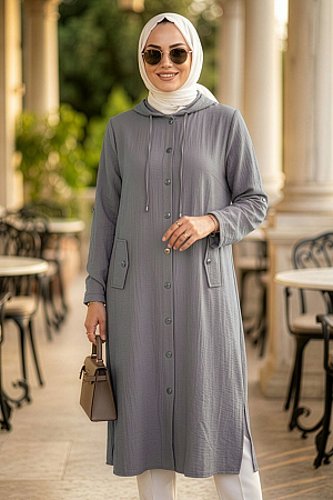 Buttoned Gray Modest Coat 15012GR - 1