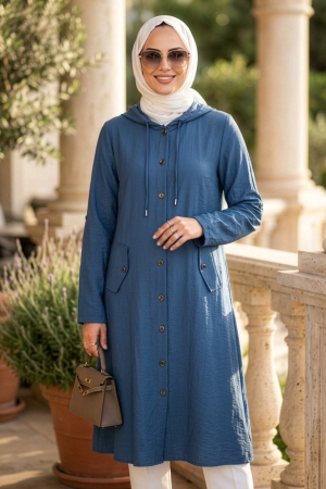 Buttoned Indigo Blue Modest Coat 15012IM 