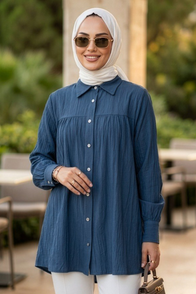 Buttoned Indigo Blue Modest Tunic 10682IM - 2
