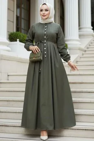 Buttoned Khaki Modest Denim Dress 19175HK - 1