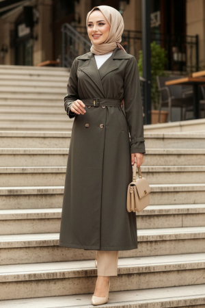 Buttoned Khaki Modest Trench Coat 62223HK - N.S NEVA STYLE