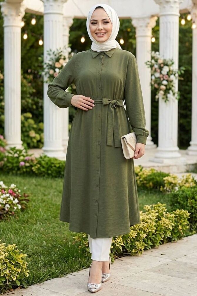 Buttoned Khaki Modest Tunic 32172HK - 1