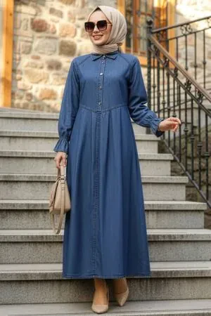 Buttoned Koyu Blue Modest Denim Dress 19168KM - 1