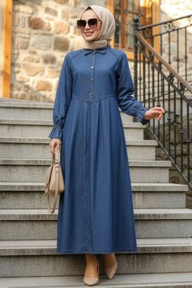 Buttoned Koyu Blue Modest Denim Dress 19168KM - 1