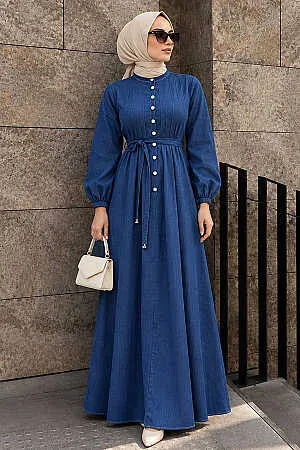 Buttoned Koyu Blue Modest Denim Dress 19175KM 