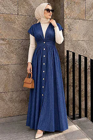 Buttoned Koyu Blue Modest Jile Dress 6284KM - 1