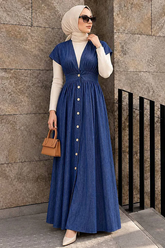 Buttoned Koyu Blue Modest Jile Dress 6284KM - 1
