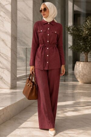 Buttoned Koyu Burgundy Modest Two-Piece Set 62961KBR 