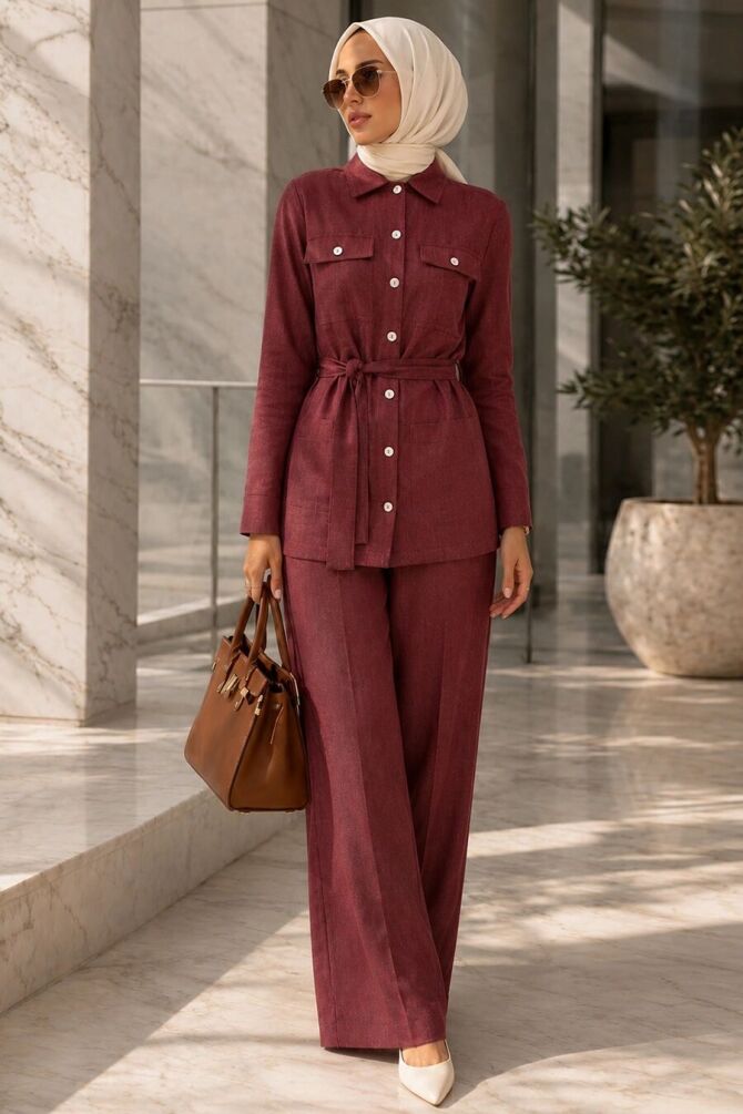 Buttoned Koyu Burgundy Modest Two-Piece Set 62961KBR - 1