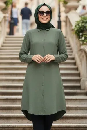 Buttoned Koyu Khaki Modest Tunic 11750KHK 