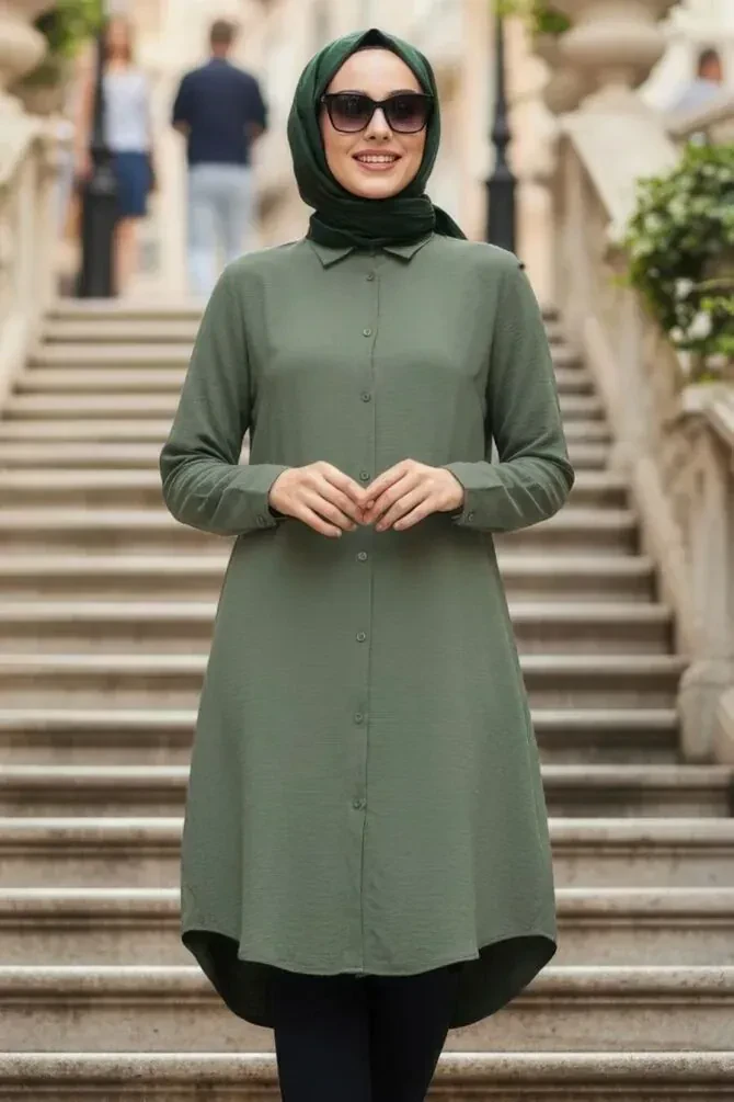 Buttoned Koyu Khaki Modest Tunic 11750KHK - 1