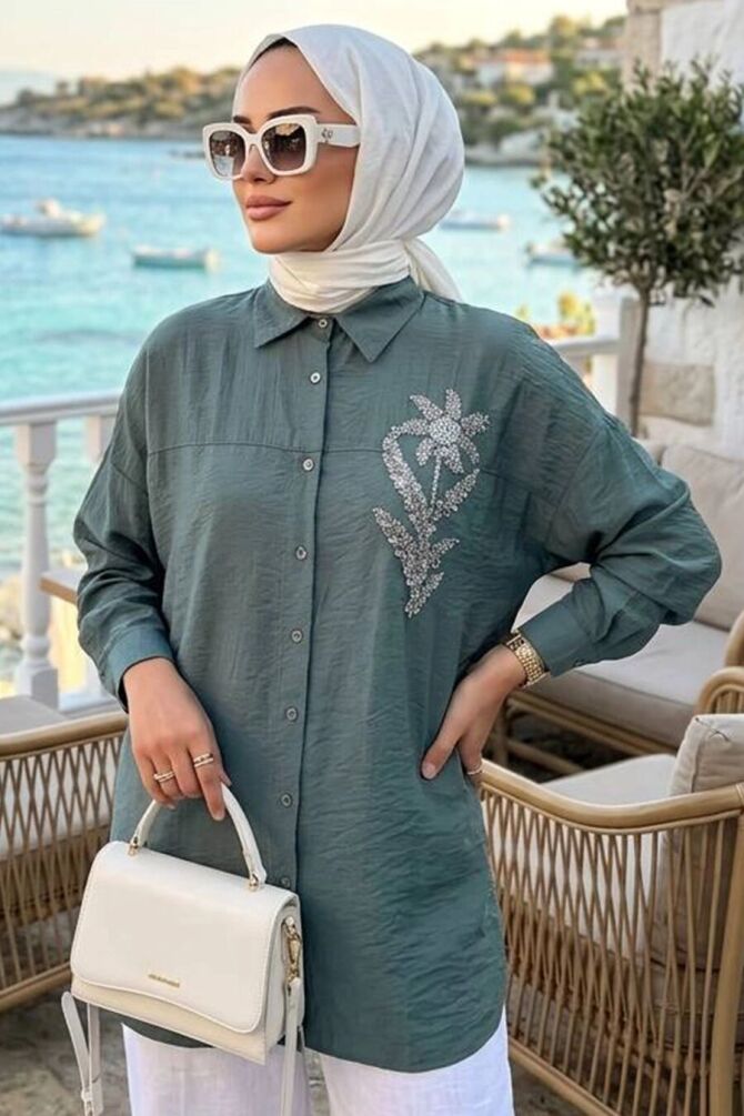 Buttoned Koyu Mint Modest Shirt 10084KMINT - 1