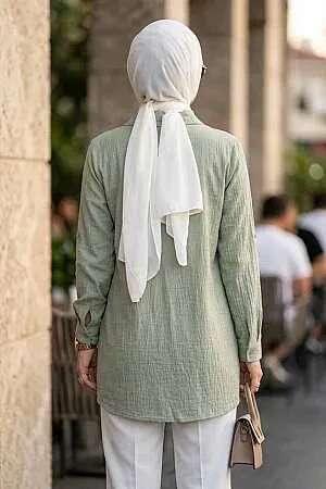 Buttoned Light Khaki Strawberry-texture fabric Modest Tunic 11201AHK - 2