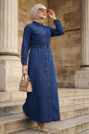 Buttoned Navy Blue Modest Denim Dress 19169L - N.S NEVA STYLE