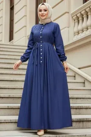 Buttoned Navy Blue Modest Denim Dress 19175L 