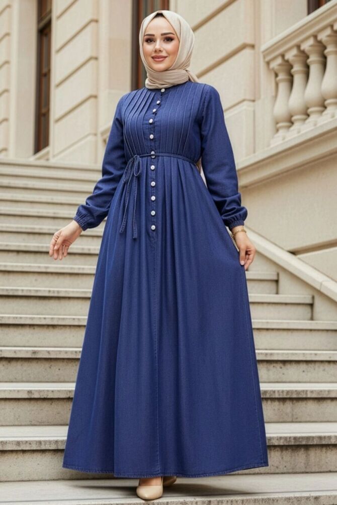 Buttoned Navy Blue Modest Denim Dress 19175L - 1