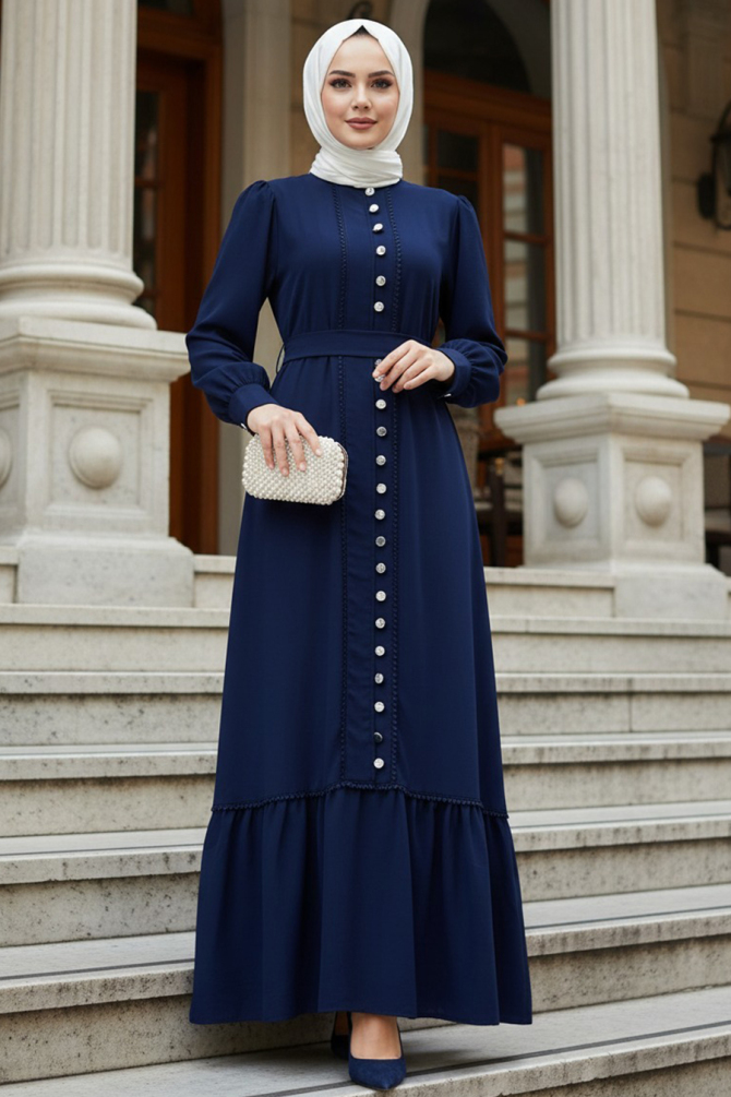 Buttoned Navy Blue Modest Dress 10154L - 1
