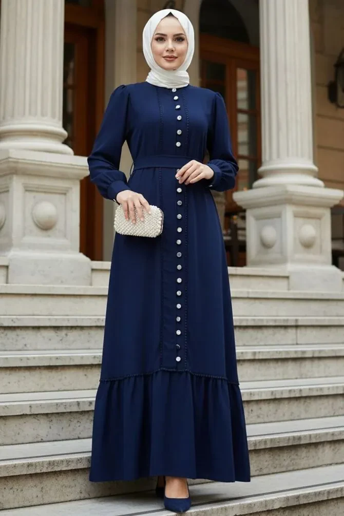Buttoned Navy Blue Modest Dress 10154L - 1
