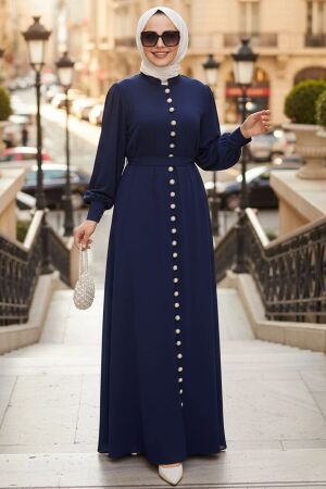 Buttoned Navy Blue Modest Dress 10231L 