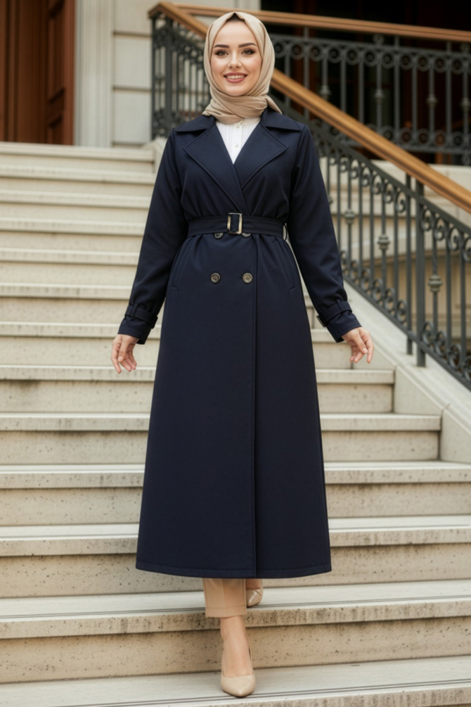 Buttoned Navy Blue Modest Trench Coat 62223L - 1