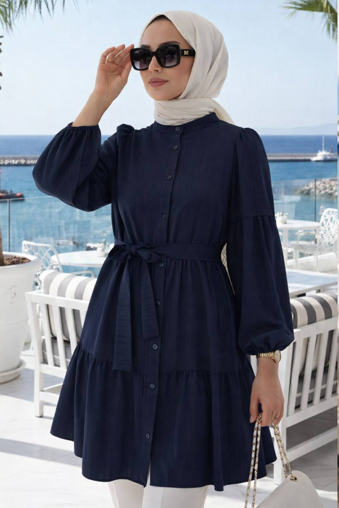 Buttoned Navy Blue Modest Tunic 53712L - 1