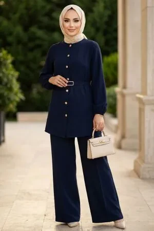 Buttoned Navy Blue Modest Two-Piece Set 83012L 