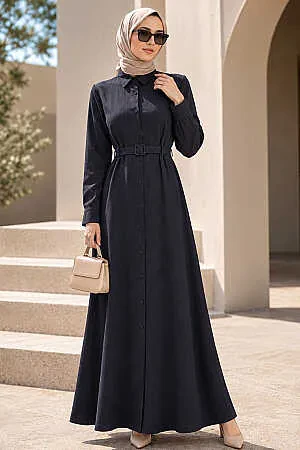 Buttoned Navy Blue Strawberry-texture fabric Modest Abaya 30389L 