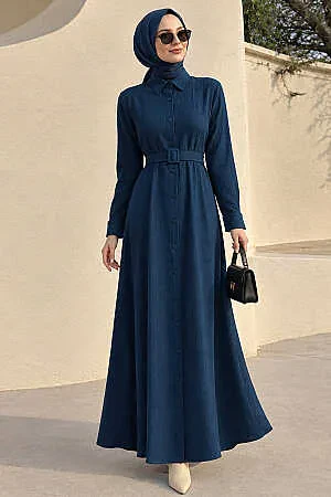 Buttoned Petrol Blue Strawberry-texture fabric Modest Abaya 30389PM 