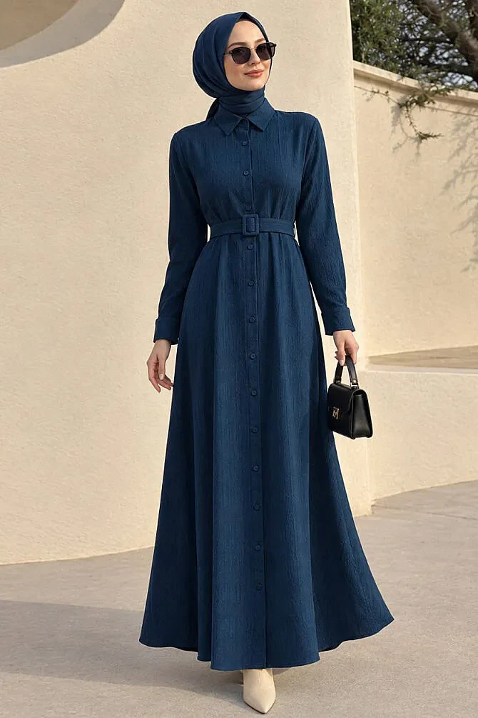 Buttoned Petrol Blue Strawberry-texture fabric Modest Abaya 30389PM - 1