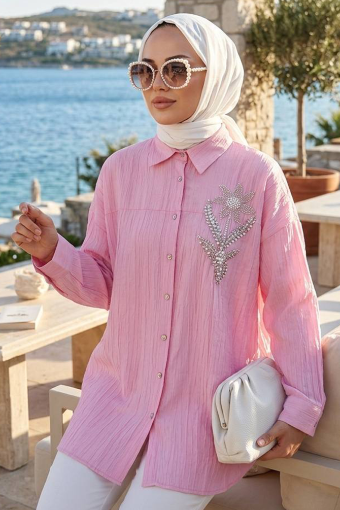 Buttoned Pink Modest Shirt 10084P - 1