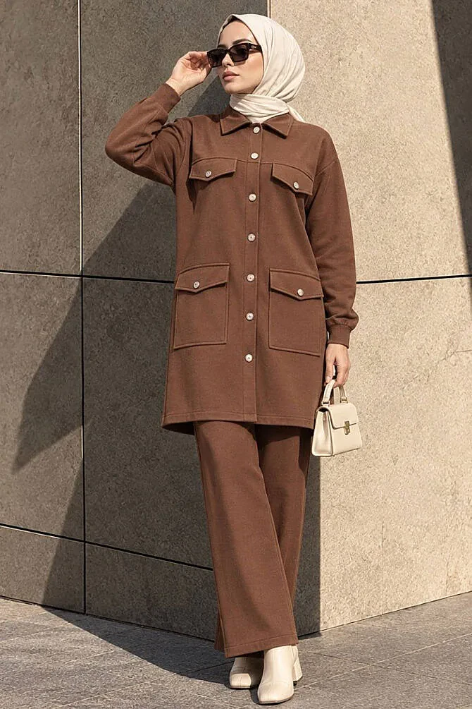 Buttoned Tan Modest Two-Piece Set 13323TB - 1