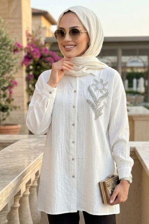 Buttoned White Modest Shirt 10084B 