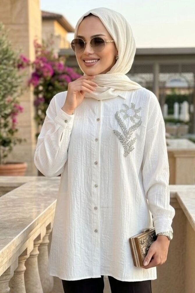 Buttoned White Modest Shirt 10084B - 1