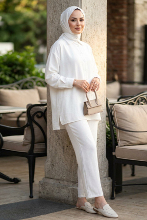 Buttoned White Modest Two-Piece Set 67751B - 2
