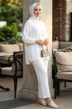 Buttoned White Modest Two-Piece Set 67751B 