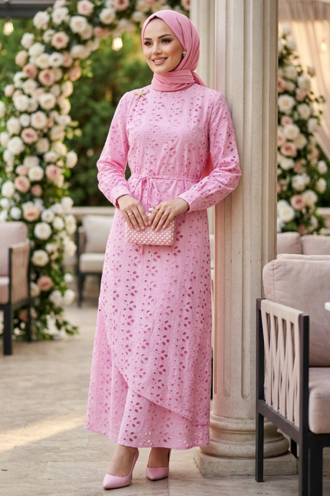 Büzgü Bel Detaylı Fisto Pembe Tesettür Elbise 49761P - 1