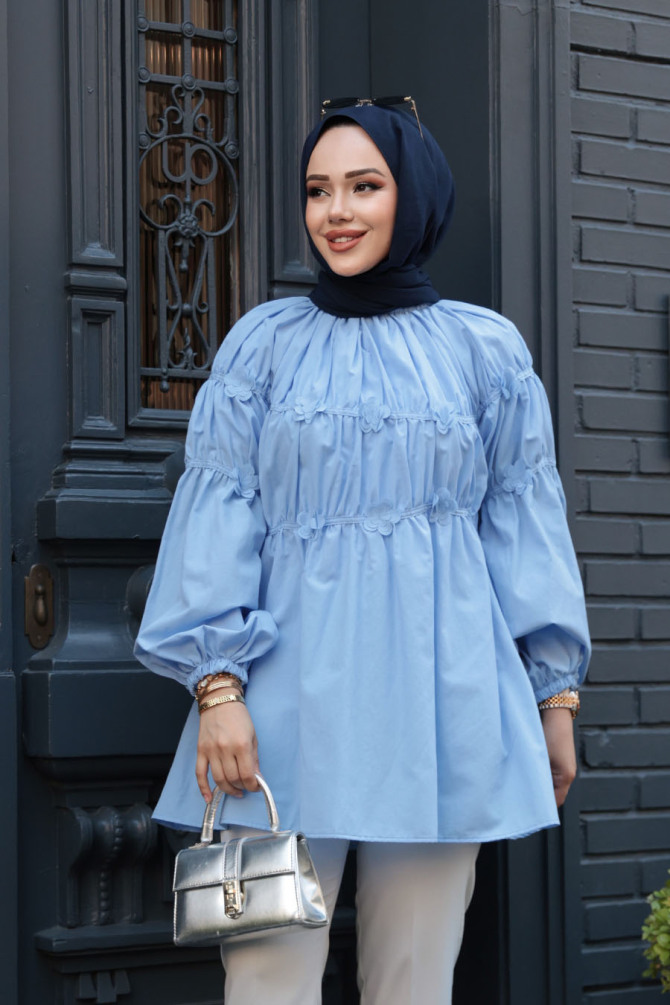 Büzgü Detaylı Bebek Mavisi Tesettür Tunik 101033BM - 1