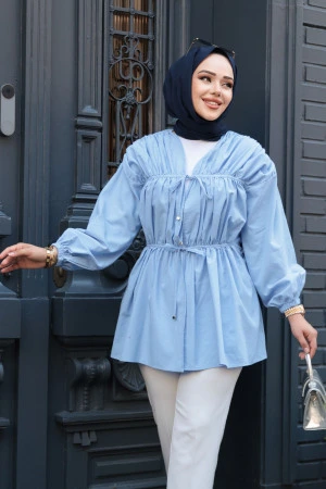 Büzgü Detaylı Bebek Mavisi Tesettür Tunik 101042BM 