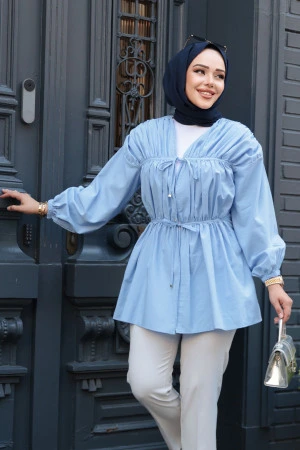 Büzgü Detaylı Bebek Mavisi Tesettür Tunik 101042BM - 2