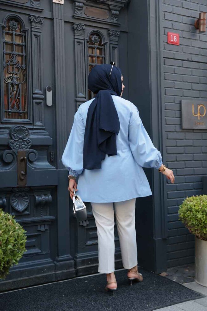 Büzgü Detaylı Bebek Mavisi Tesettür Tunik 101042BM - 3