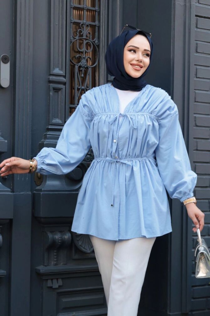 Büzgü Detaylı Bebek Mavisi Tesettür Tunik 101042BM - 1