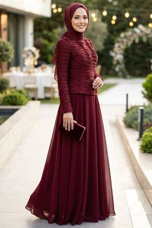 Büzgü Detaylı Bordo Tesettür Abiye Elbise 54912BR 